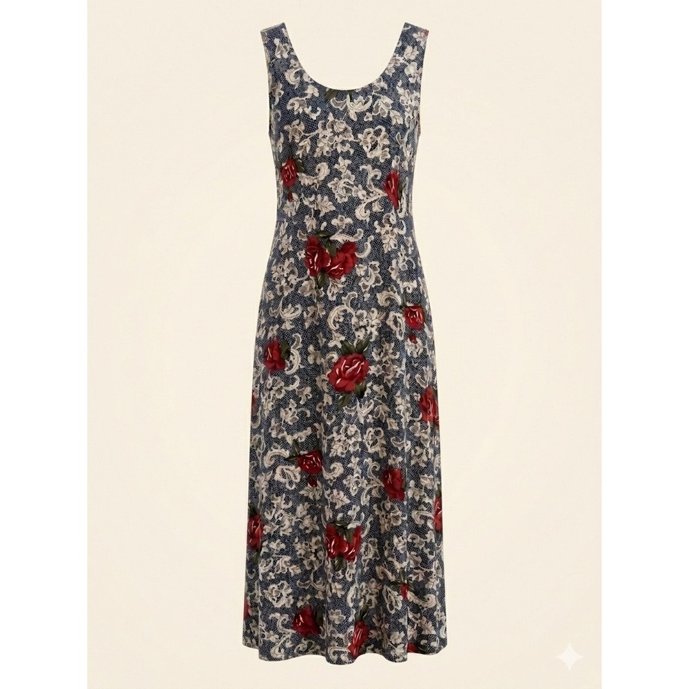 Expressions Navy Blue Cream Lace Red Rose Print Rayon Maxi Dress 12 Vintage 90s